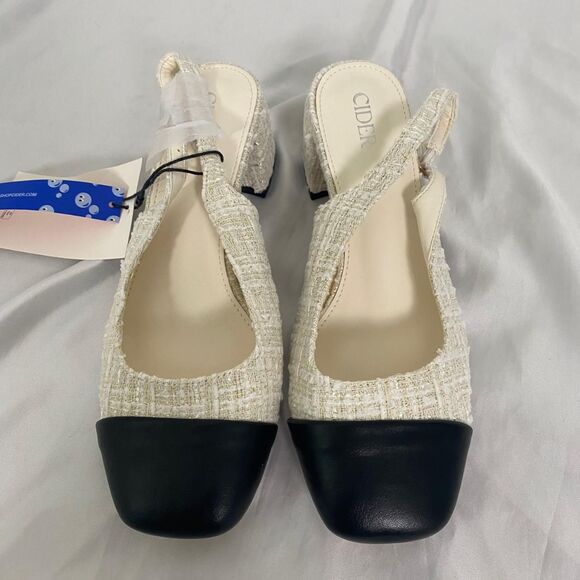 Cider Coquette Cream White Black Color Block Mary Jane Sling Back Heels 7.5 - Picture 2 of 8